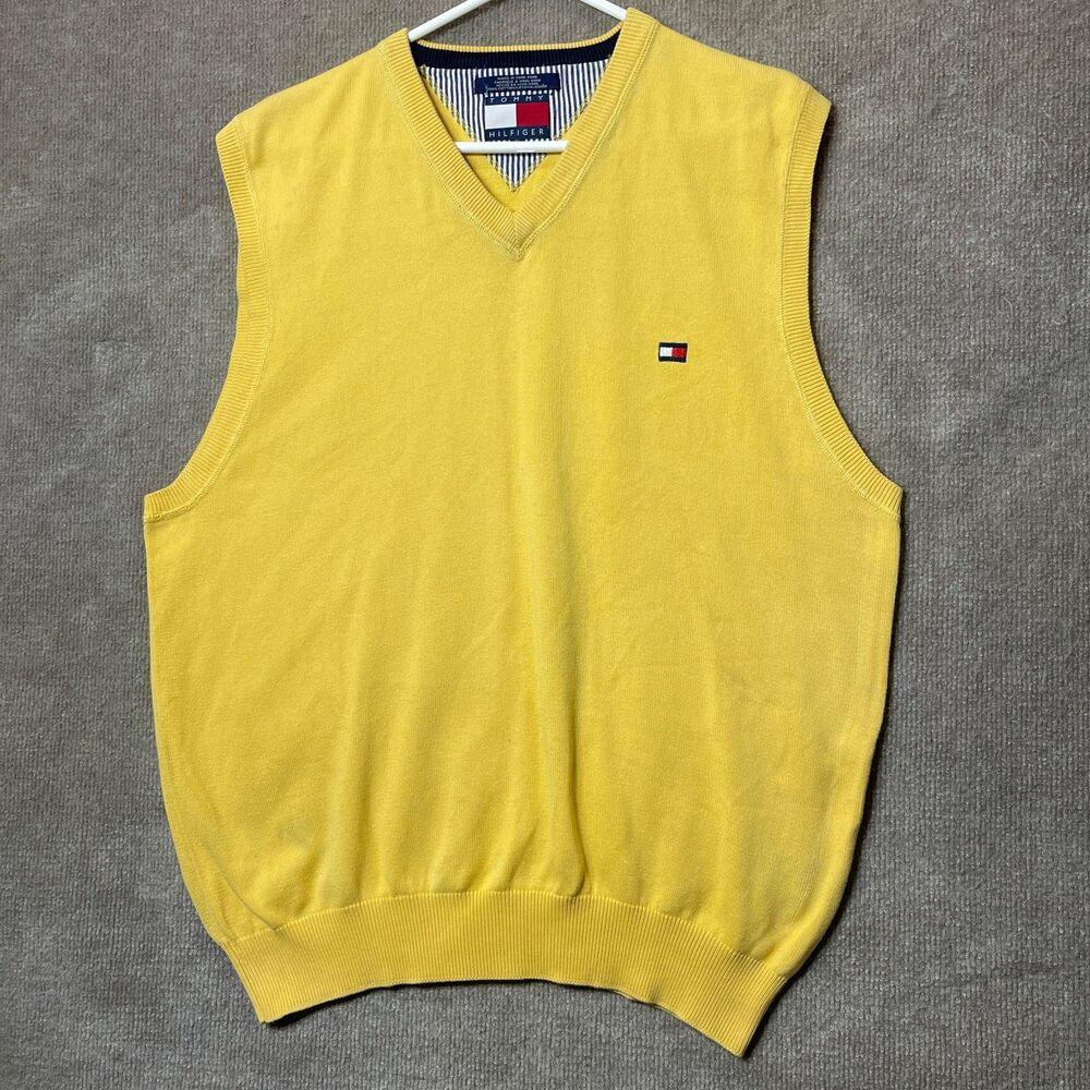 VTG Tommy Hilfiger Sweater Vest Men XL V Neck Knit Cotton Yellow Quiet Luxury